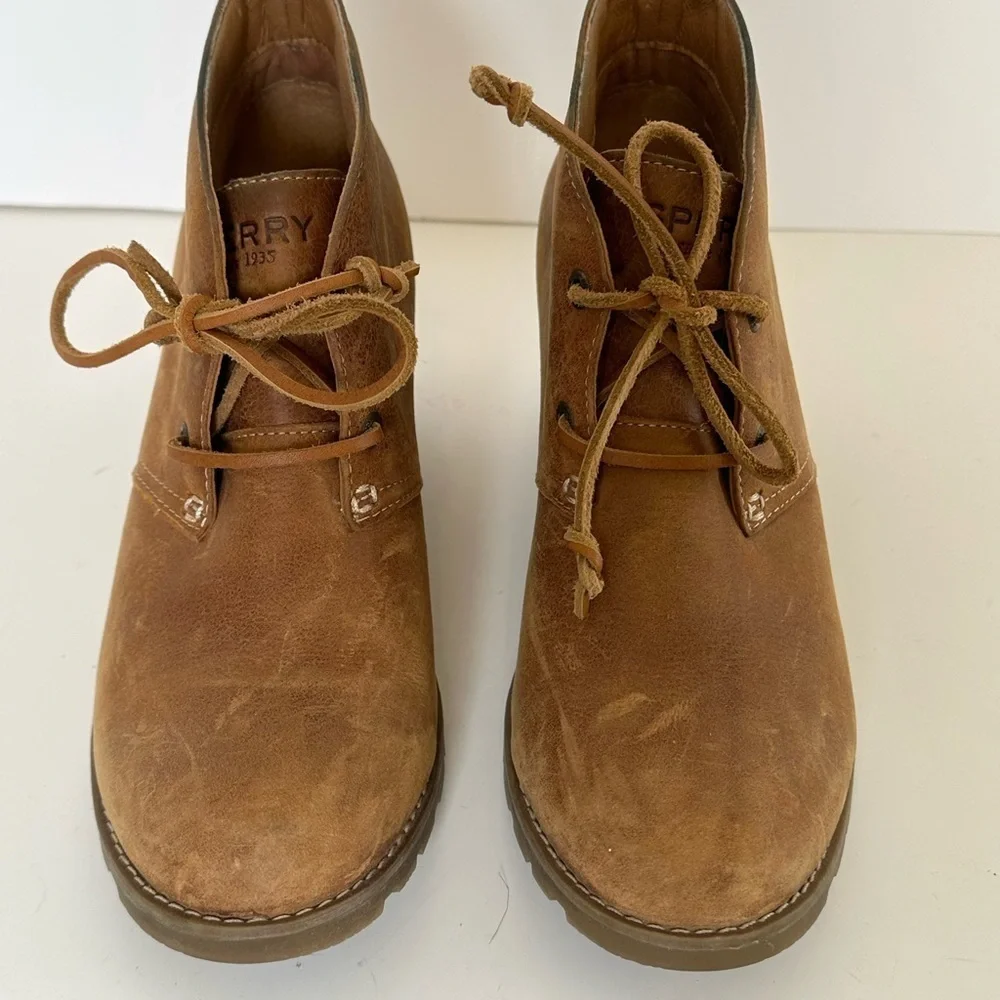 Sperry Top Slider Distressed Brown Leather Lace up Wedge Heel Ankle Boots Sz 7.5